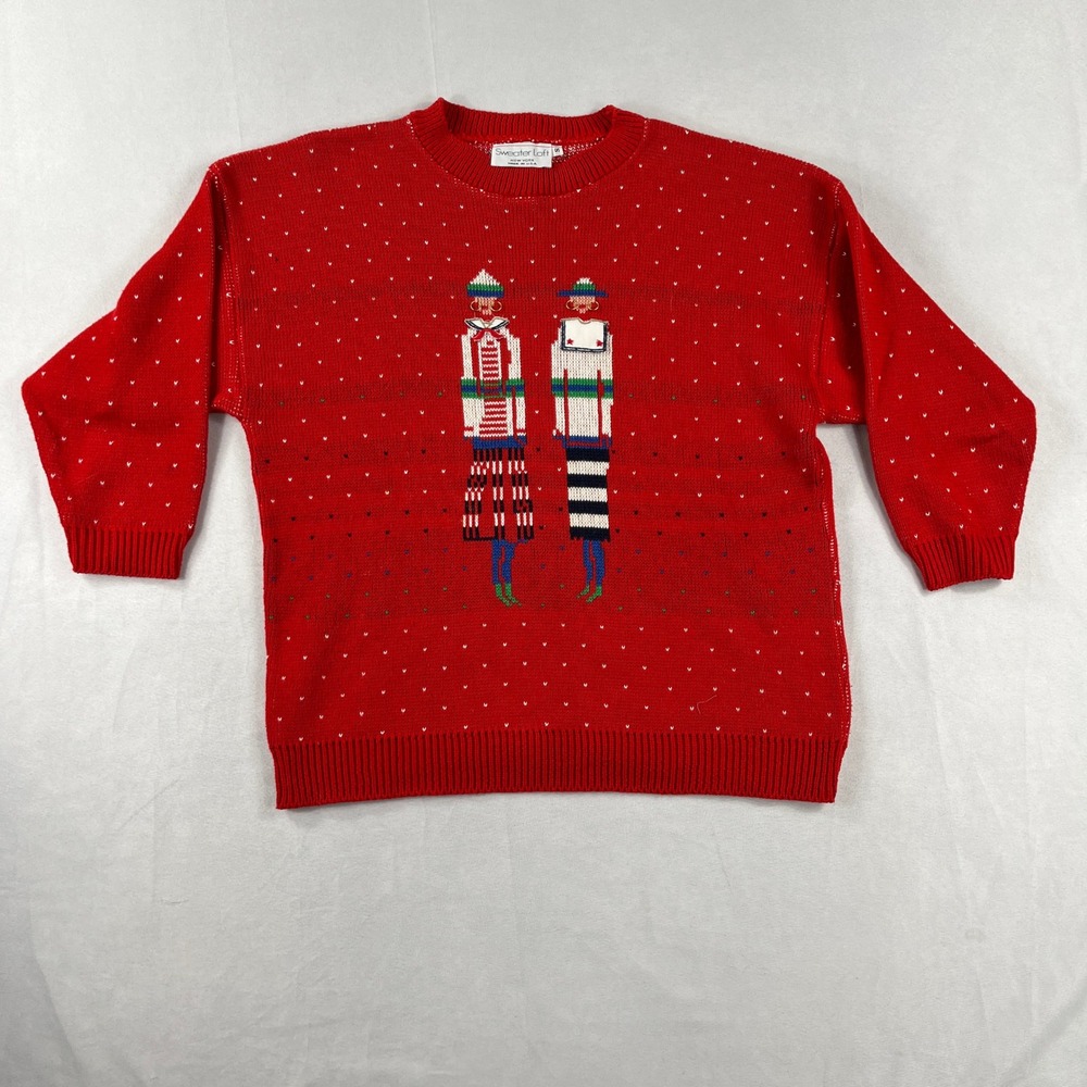 Vintage Knit Pullover‎ Red Novelty Figure Intarsia Women Small Sweater Loft